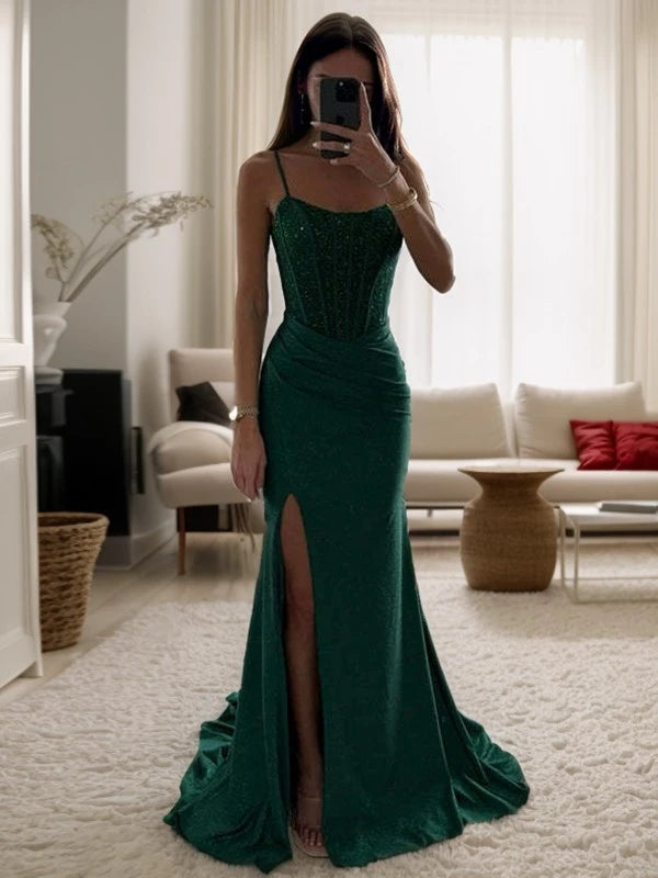My Hers Ladies Formal Dress Sheath Spaghetti Straps Pleated Side Fork Sweep Train Charming Prom Dress