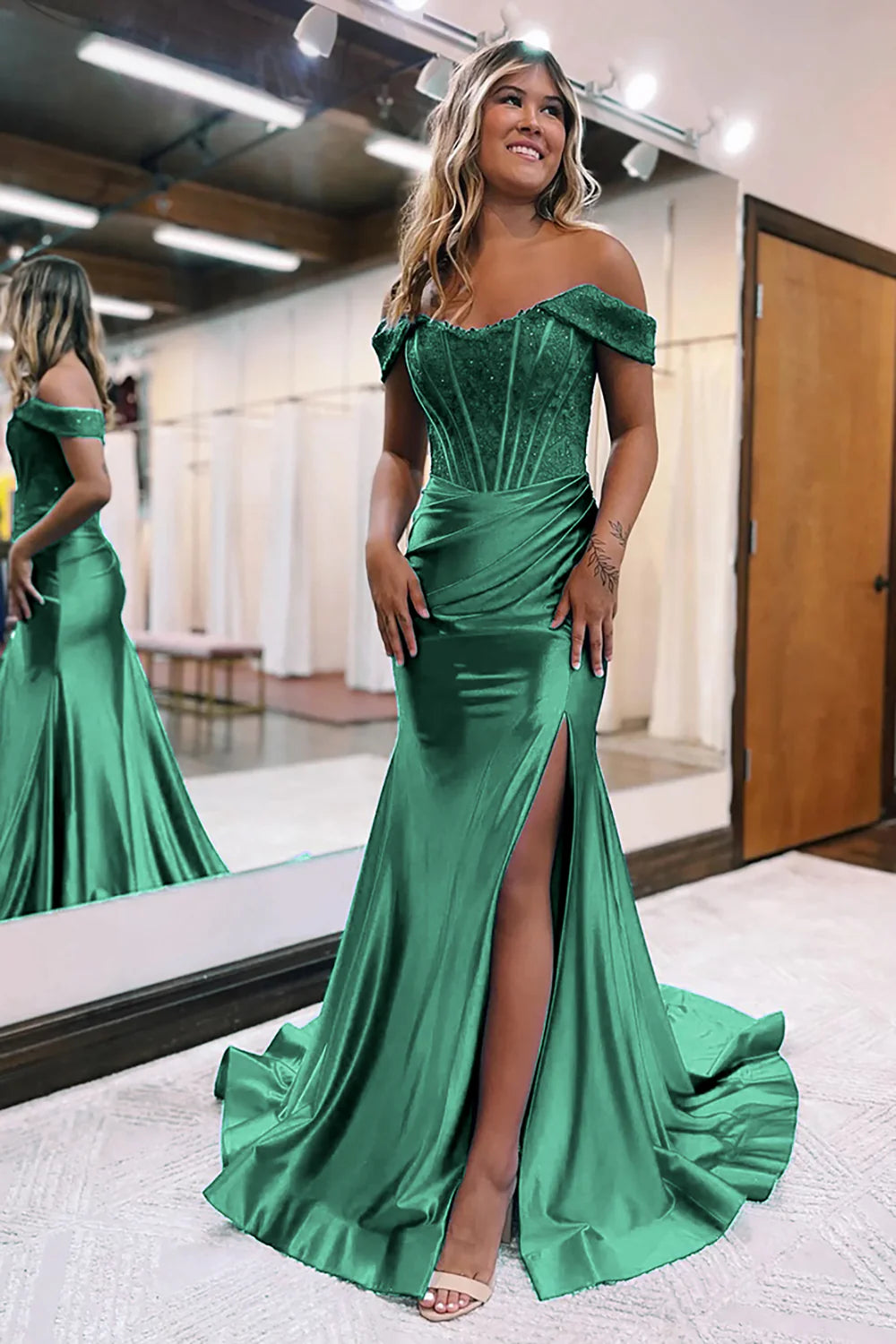 Hunter Green Mermaid Off The Shoulder Court Train Lace-Up Back Long Dress With Split