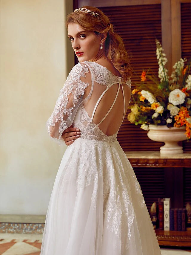 A-Line Wedding Dresses V Neck Lace Tulle Long Sleeve See-Through with Appliques