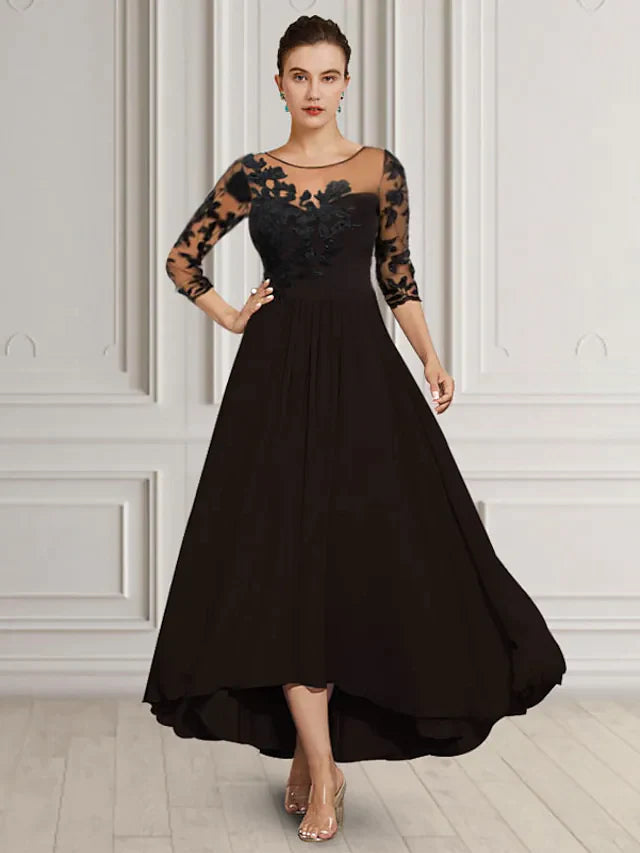 A-Line Mother of the Bride Dress Elegant Jewel Neck Asymmetrical Tea Length Chiffon Lace Length Sleeve with Appliques