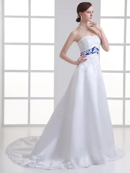 A-Line Wedding Dresses Strapless Court Train Organza Satin Strapless with Pick Up Skirt Ruched Beading