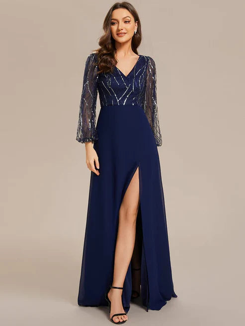 Sequin See-through Long Sleeves High Slit Chiffon A-Line Evening Dress/Party Dresses