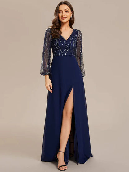 Sequin See-through Long Sleeves High Slit Chiffon A-Line Evening Dress/Party Dresses