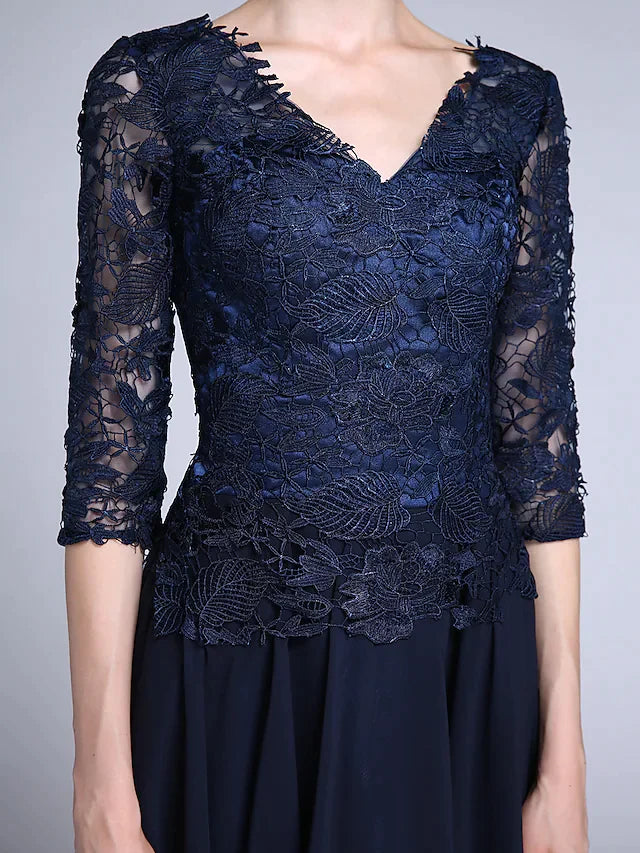 Mother of the Bride Dress Elegant V Neck Knee Length Chiffon Sheer Lace Half Sleeve with Lace