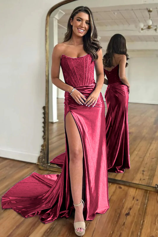 Sexy Burgundy Strapless Off-the-Shoulder Split Fork Mopping The Floor Long Prom Dress With Split