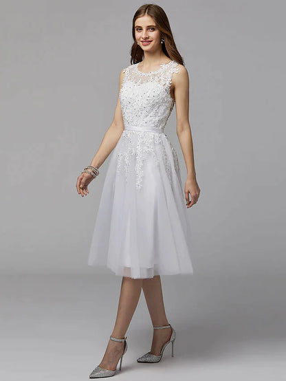 A-Line Elegant Floral Homecoming Prom Dress Illusion Neck Sleeveless Tea Length Lace Satin with Beading Appliques