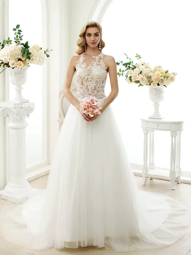 Ball Gown Wedding Dresses Jewel Neck Chapel Train Lace Tulle Lace Over Tulle Regular Straps See-Through Beautiful Back with Buttons Appliques