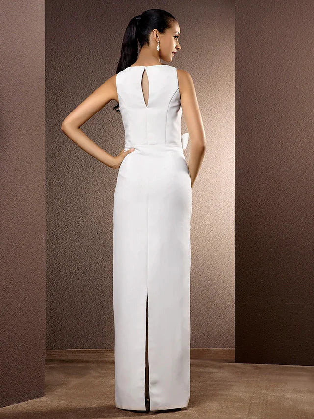 Wedding Dresses Bateau Neck Floor Length Chiffon Sleeveless with Bow Slit Back