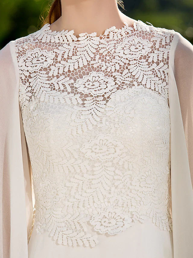 Wedding Dresses Jewel NeckLace Georgette Long Sleeve Beach Illusion Detail Backless with Lace