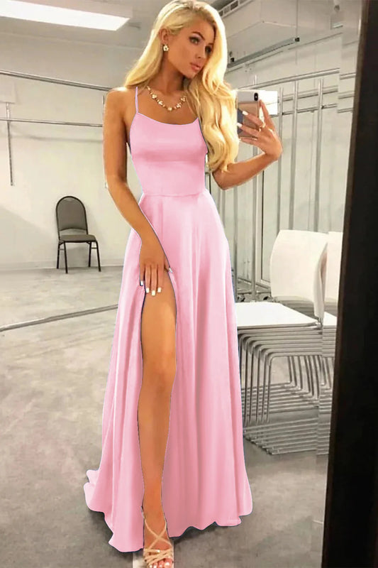 Candy Pink Square Neck Halter Lace-Up Back Backless A Line Satin Prom Dress
