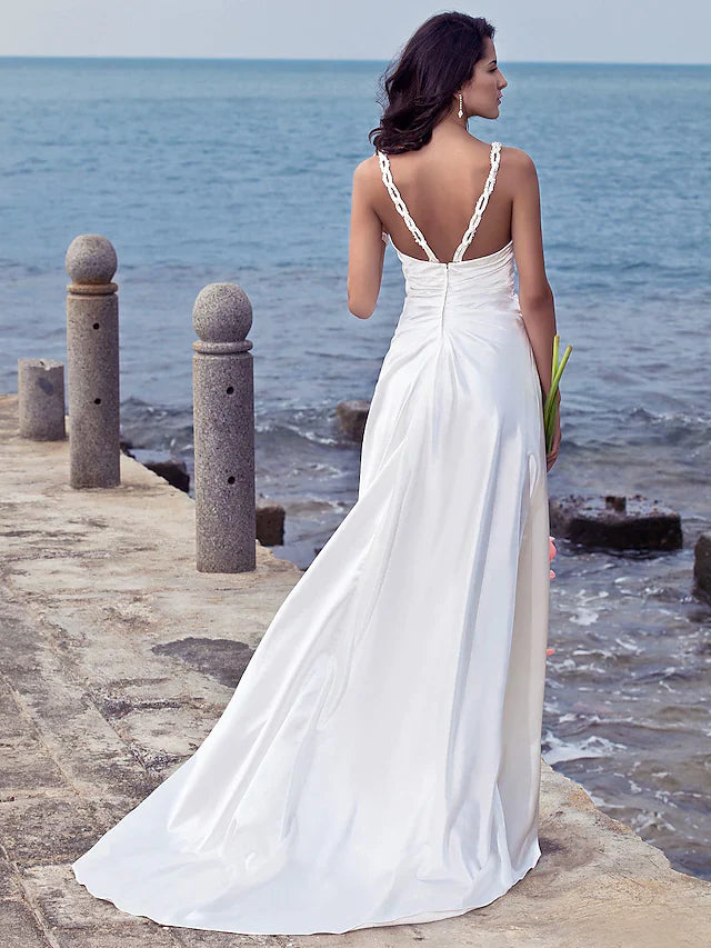 Wedding Dresses Sweetheart Neckline Stretch Satin Spaghetti Strap Open Back with Beading