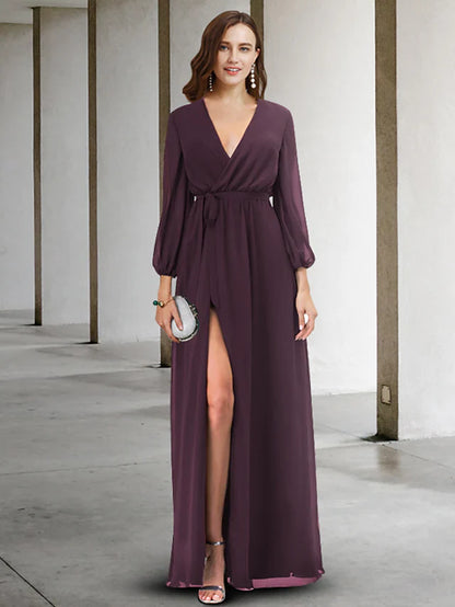 A-Line Mother of the Bride Dress Elegant V Neck Floor Length Chiffon Long Sleeve with Split Front