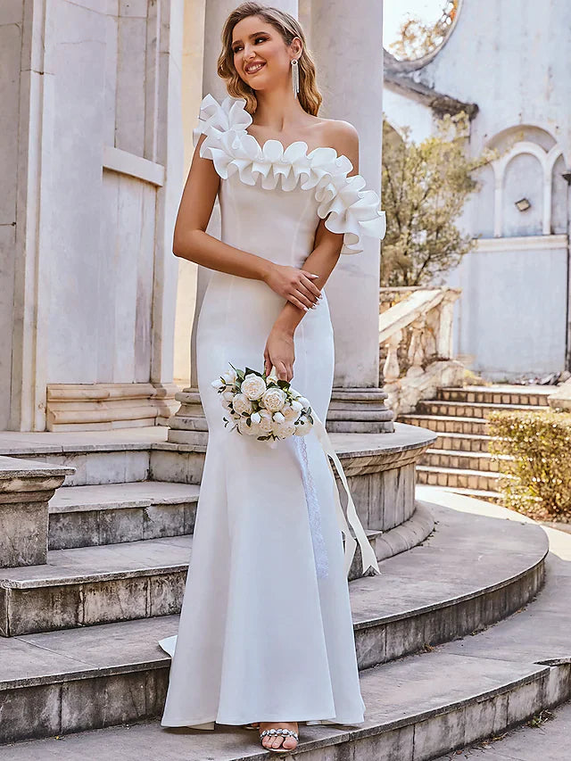 Wedding Dresses Spaghetti Strap Off Shoulder Stretch Fabric Cap Sleeve Romantic Elegant with Ruffles