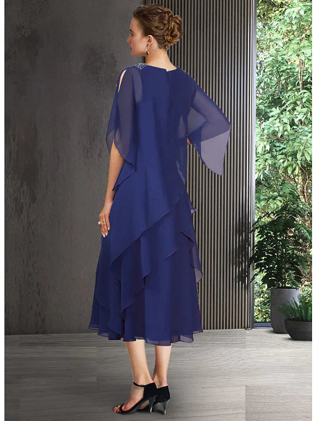 A-Line Blue Mother of the Bride Dress Elegant Jewel Neck Tea Length Chiffon Half Sleeve with Cascading Ruffles