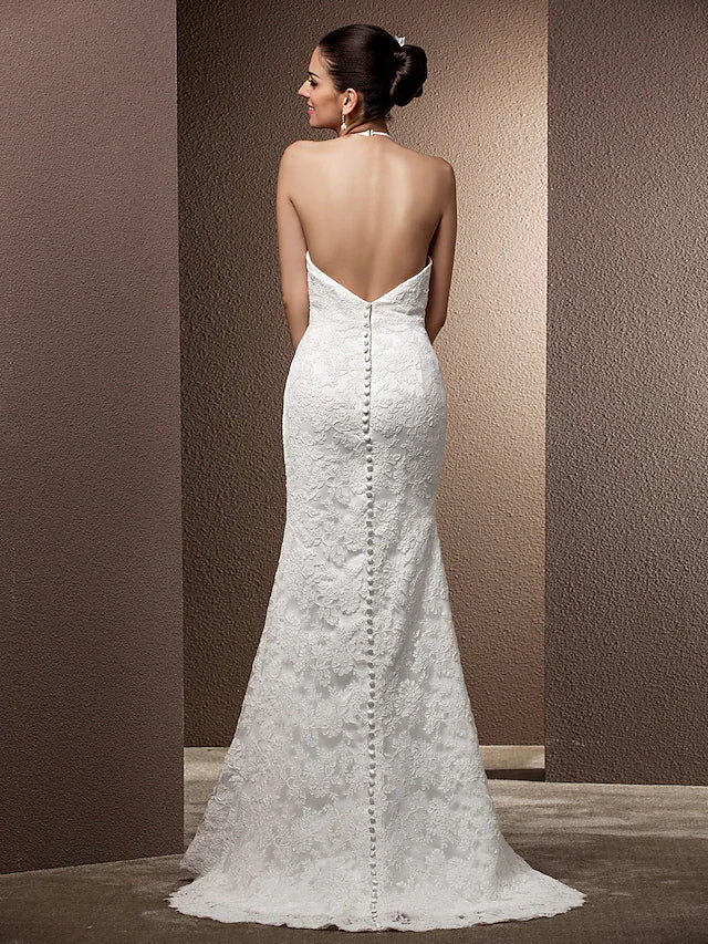 Wedding Dresses Halter Neck Lace Regular Straps Open Back with Beading Flower Button