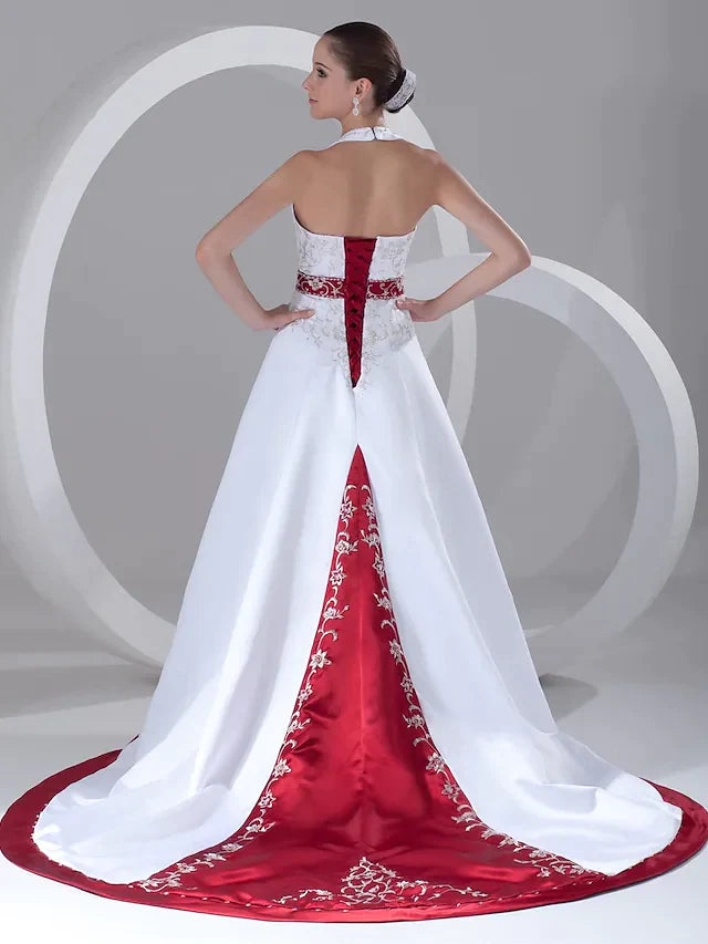 A-Line Wedding Dresses Halter Neck Chapel Train Satin Regular Straps with Sashes Ribbons Beading Embroidery