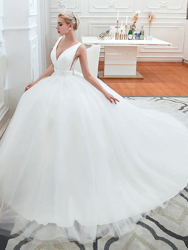 Ball Gown Wedding Dresses V Neck Court Train Tulle Regular Straps Simple Glamorous Backless with Ruched