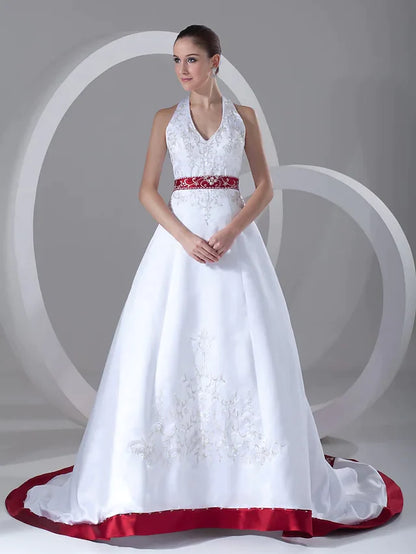 A-Line Wedding Dresses Halter Neck Chapel Train Satin Regular Straps with Sashes Ribbons Beading Embroidery