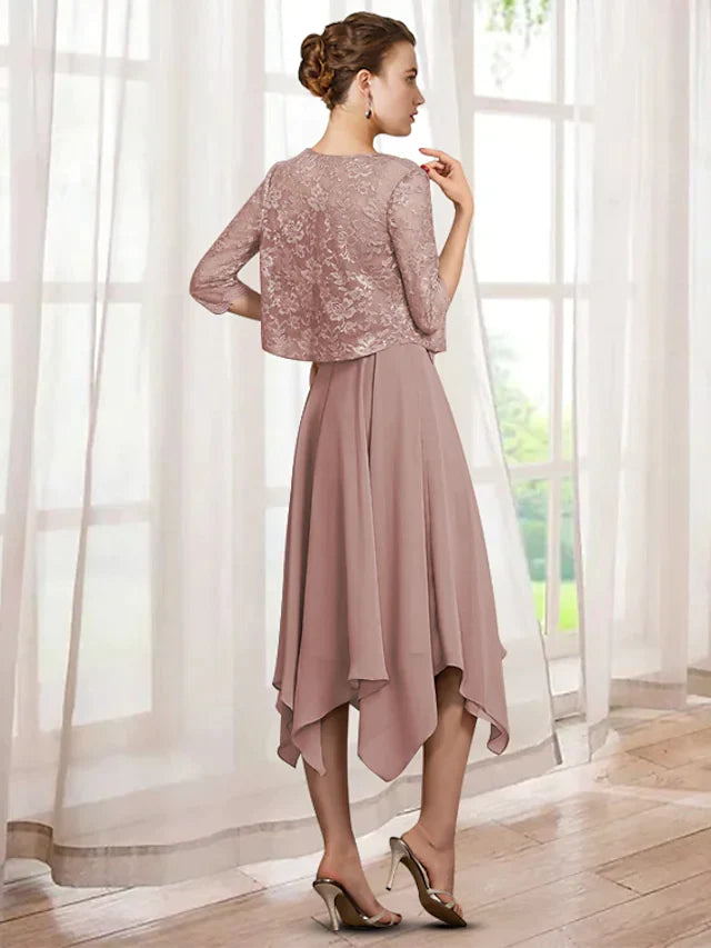 Two Piece A-Line Mother of the Bride Dress Elegant Jewel Neck Tea Length Chiffon Lace Half Sleeve with Sash Ribbon