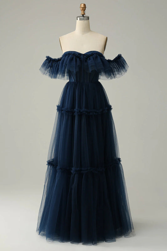 A-Line Off the Shoulder Sweetheart Tulle Navy Lace-Up Back Long Prom Dress