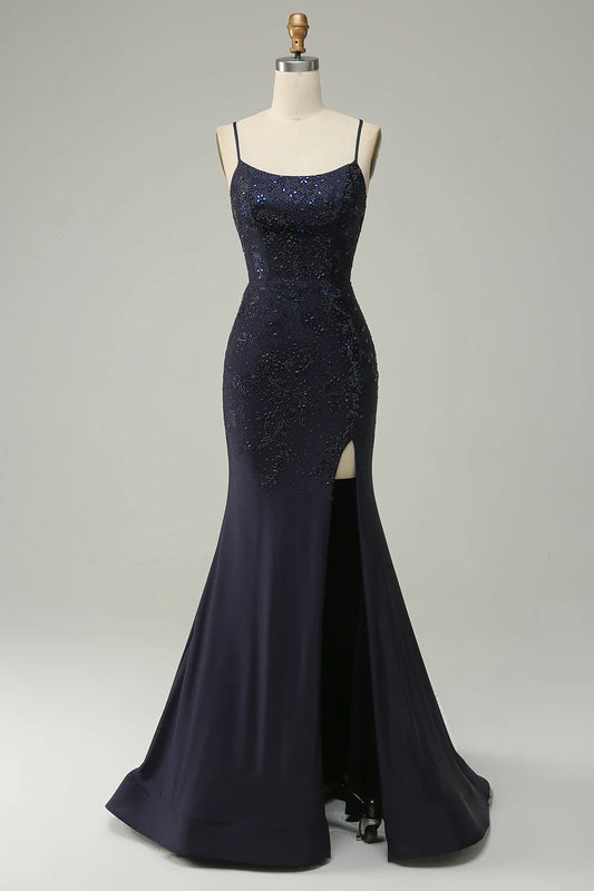 Navy Square Neck Spaghetti Straps Beaded Mermaid Prom Dress with Split