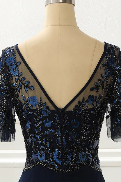 Navy Round Neck Sequin Mermaid Retract Your Waist Prom Dress With Beading