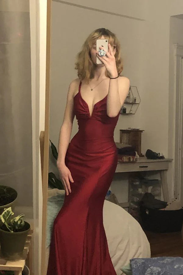 Mermaid V Neck Cross Back Burgundy Satin Long Prom Dress