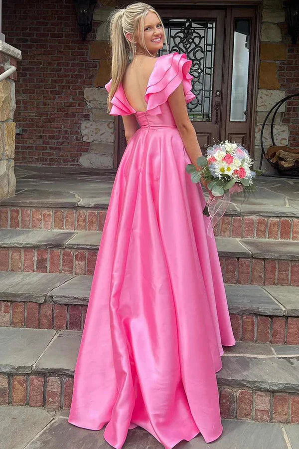 Silky Satin V Neck Ruffles Hot Pink Prom Dresses