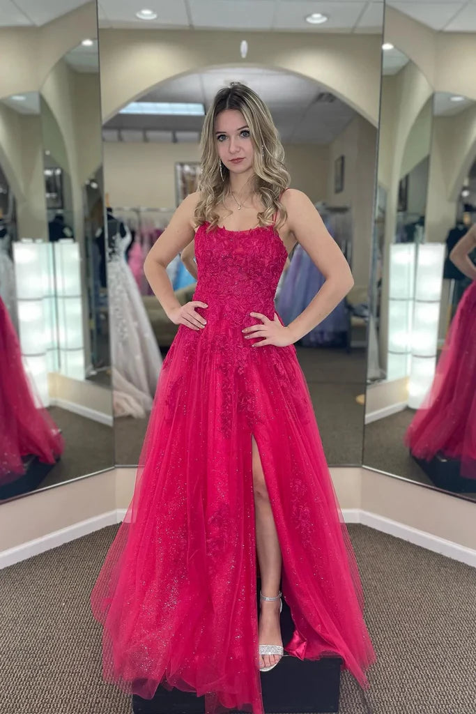 A-line Tulle Scoop Neckline Applique Slit Long Prom Dress
