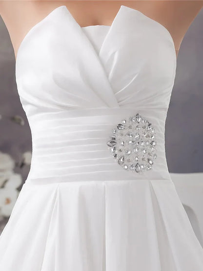 A-Line Wedding Dresses Strapless Chapel Train Satin Strapless with Ruched Beading Draping