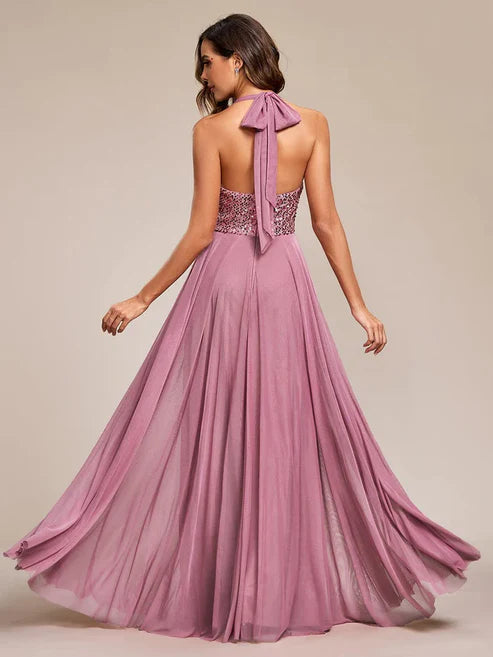 Sequin Halter Neck Top A-Line Backless Evening Dress with Tulle/Prom Dresses Party Dresses