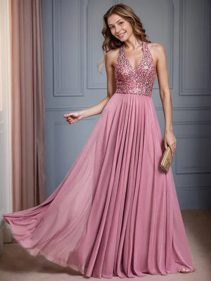 Sequin Halter Neck Top A-Line Backless Evening Dress with Tulle/Prom Dresses Party Dresses