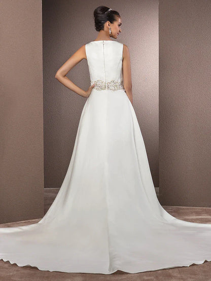 Wedding Dresses Bateau Neck Cathedral Train Satin Regular Straps Vintage Inspired with Beading