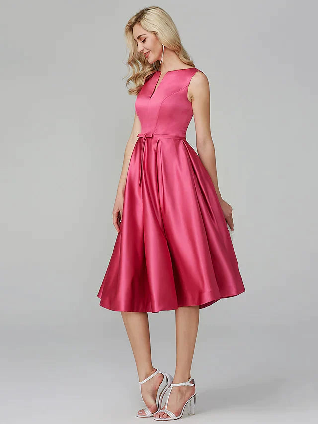 A-Line Minimalist Elegant Cocktail Party Prom Valentine's Day Dress V Wire Sleeveless Knee Length Satin with Sash Ribbon