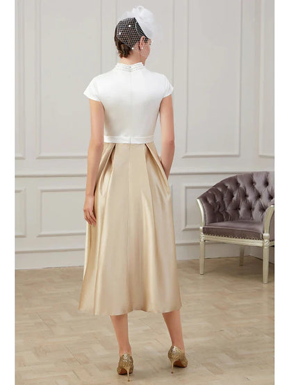 A-Line Mother of the Bride Dress Elegant High Neck Tea Length Polyester Short Sleeve with Pleats Ruching