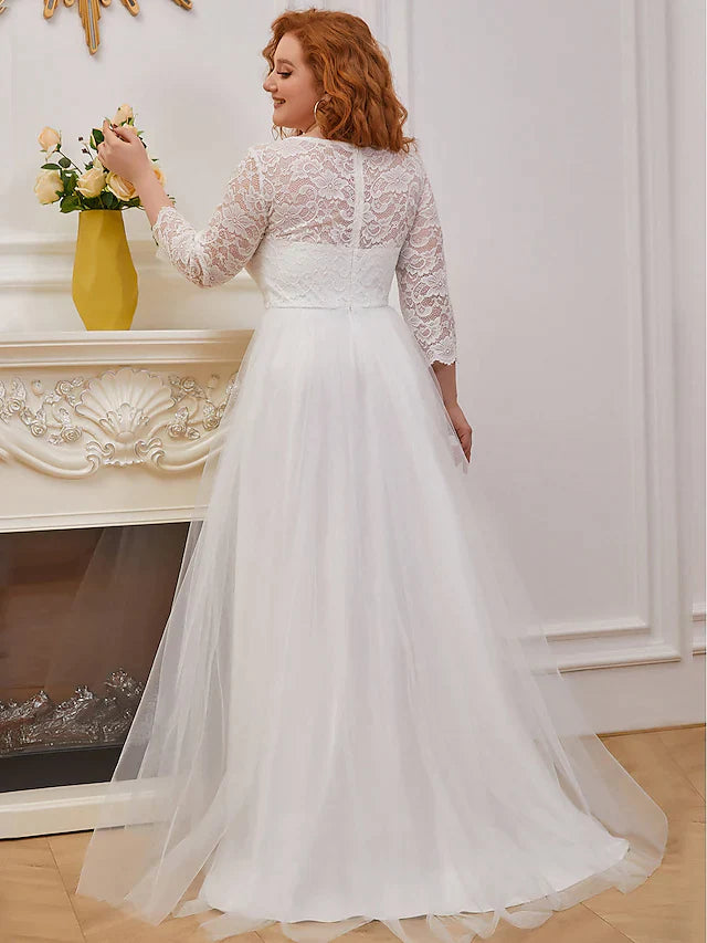 A-Line Wedding Dresses Jewel Neck Floor Length Lace Tulle Sleeveless Romantic with Cascading Ruffles