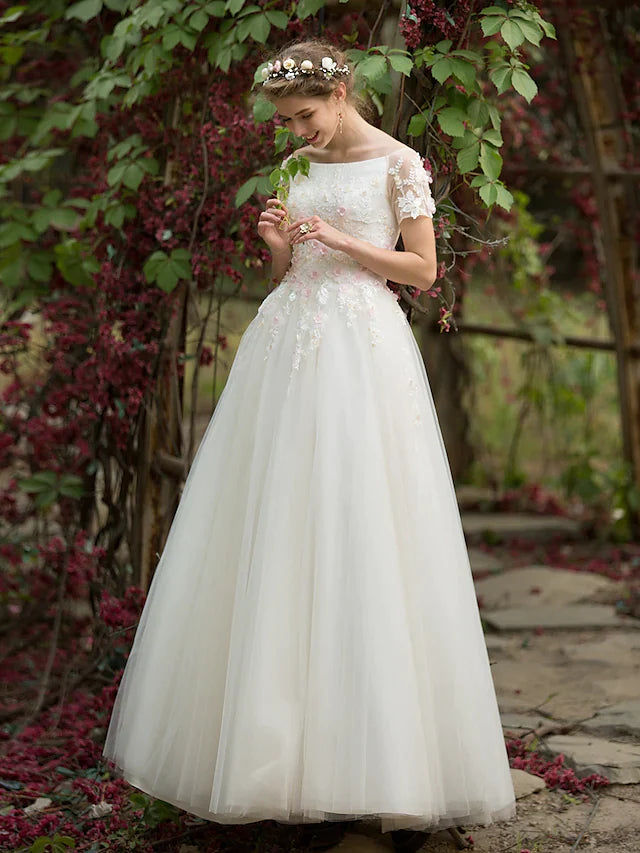 A-Line Wedding Dresses Bateau Neck Floor Length Tulle Short Sleeve with Beading Appliques Flower