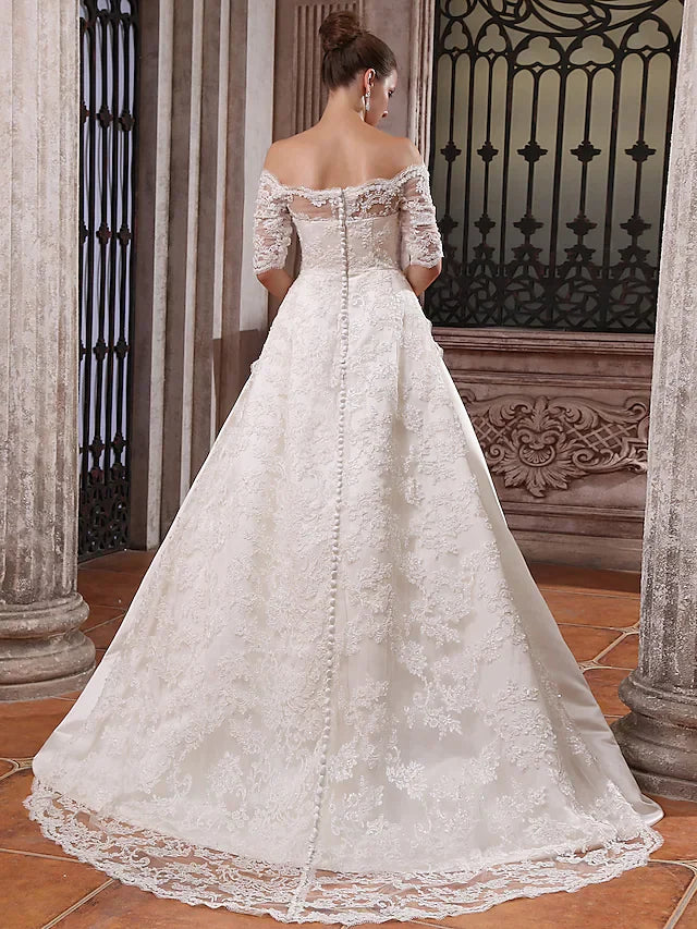 Ball Gown Wedding Dresses Scalloped-Edge Off Shoulder Court Train Satin Half Sleeve