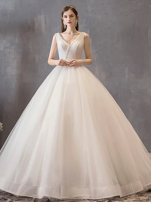 Princess Ball Gown Wedding Dresses V Neck Floor Length Satin Tulle Sleeveless Formal Luxurious with Bow(s) Beading