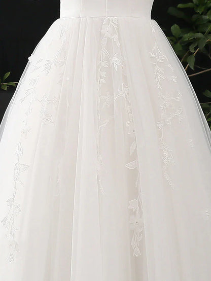 A-Line Wedding Dresses V Neck Court Train Satin Tulle Half Sleeve Simple Elegant with Appliques