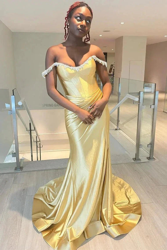 Off-Shoulder Beaded Satin Mermaid Evening Dresses (Gold, Purple, Fuchsia)