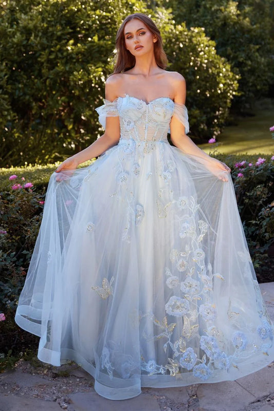 Off-Shoulder Sheer Sleeve 3D Floral Butterfly Embellished Corset Sky Blue Tulle Ball Gown Chapel Train Prom Dresses