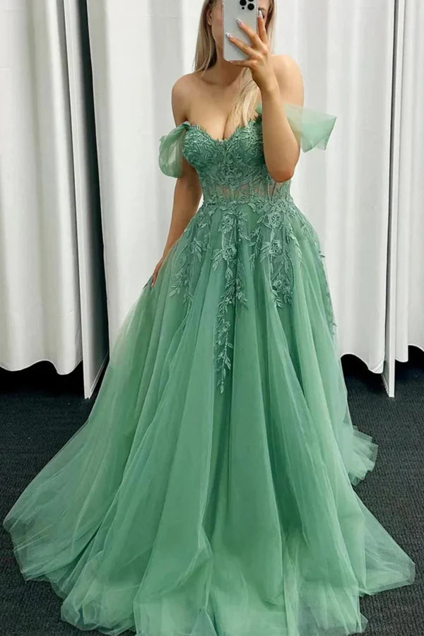 Green Party Gown Off the Shoulder  Sweep/Brush Train Prom Dresses With Appliques