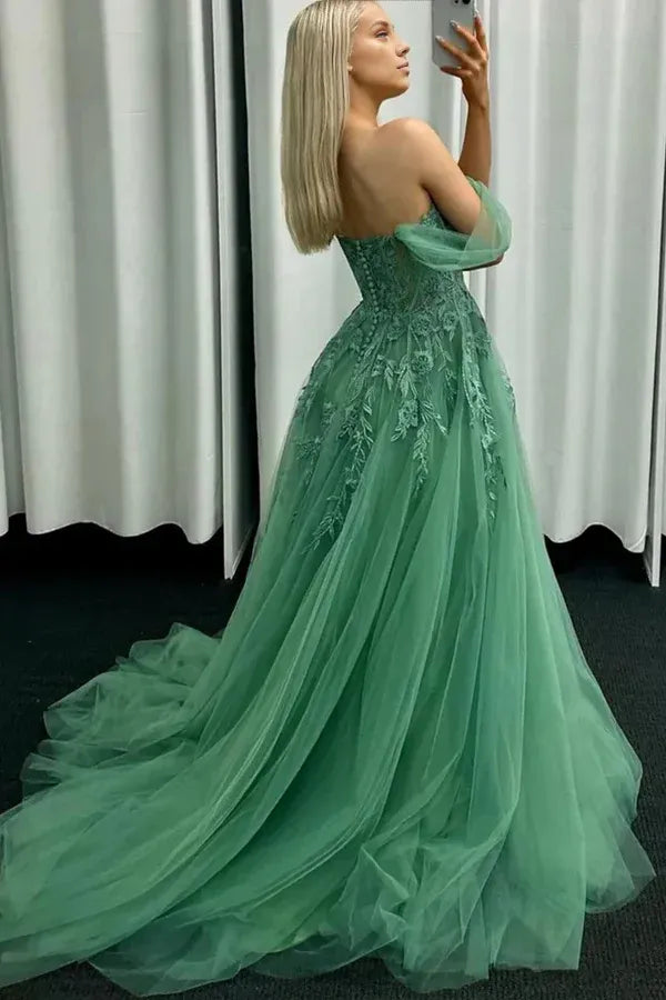 Green Party Gown Off the Shoulder  Sweep/Brush Train Prom Dresses With Appliques