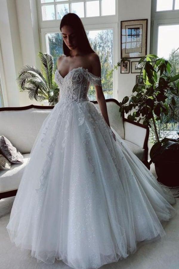 Off The Shoulder Tulle White Appliques Wedding Dresses With Beading