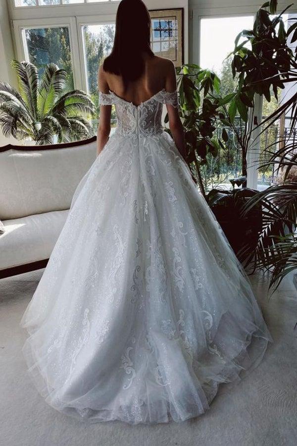 Off The Shoulder Tulle White Appliques Wedding Dresses With Beading