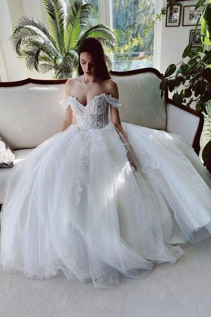 Off The Shoulder Tulle White Appliques Wedding Dresses With Beading