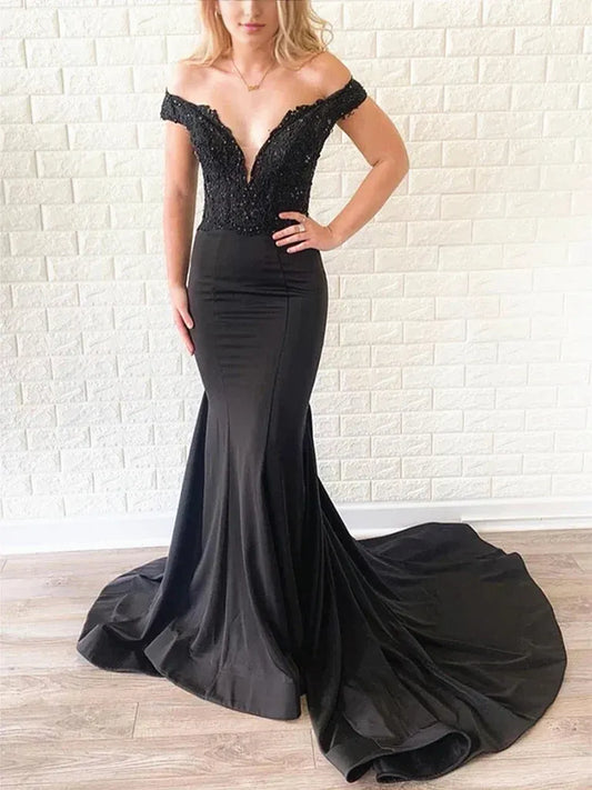 A Line Mermaid Off the Shoulder Black Lace Prom Dresses Formal Evening Bridesmaid Dresses