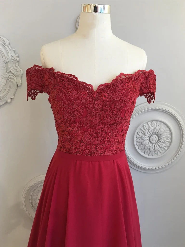 A Line Off The Shoulder Floor Length Burgundy Lace Prom Dresses Bridesmaid Dresses
