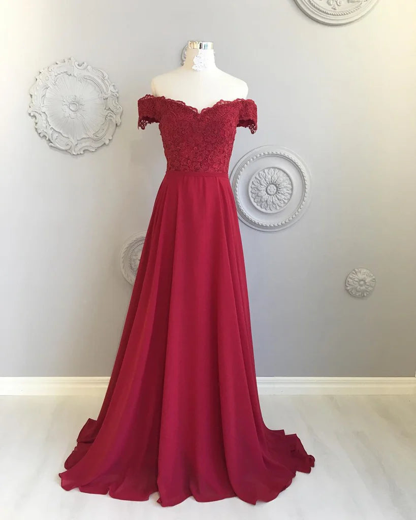 A Line Off The Shoulder Floor Length Burgundy Lace Prom Dresses Bridesmaid Dresses